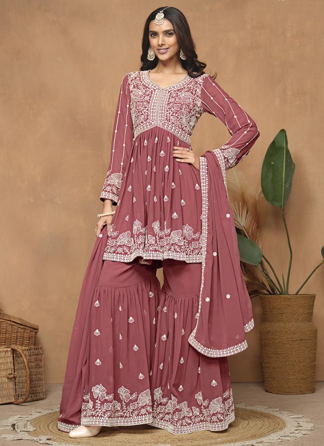 Faux Georgette Rose Pink Wedding Wear Embroidery Work Sharara Suit